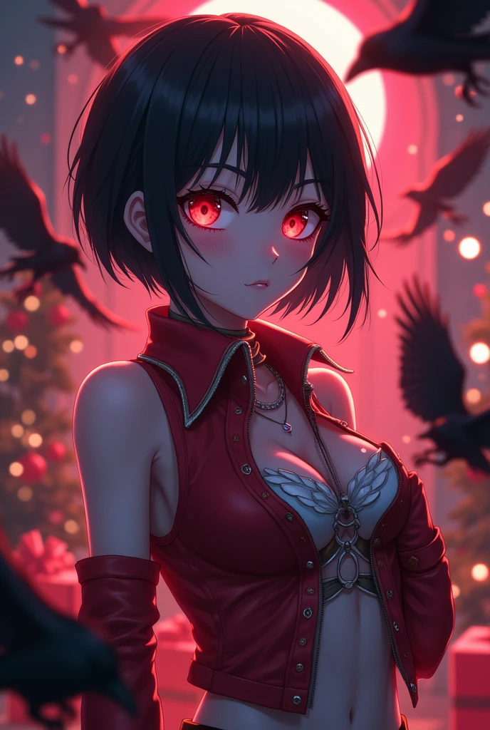 (Top image quality)，2023 Animation，Top animation quality，High-resolution details，Detailed wallpaper，(masterpiece)，(medium view), solo，A woman，upper body，Real style hair，neat black hair，neat bangs，Realistic style eyes，Clear crimson pupils，Beauty，light smile，Wearing only a kimono, bare neck and bare shoulders，large breast，Cleavage，((Black wings on the back))，Depth of Field，blur background，Forest background，(Spooky atmosphere)，at night，lots of fog，fog over background