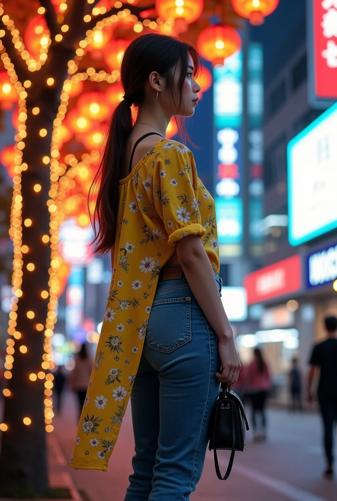 1chica, chica japonesa distante con un kimono mirando los fuegos artificiales, (alejado: 1.1), (fuegos artificiales: 1.2), tu nombre, Angle low, from the rear, yukata, kimono, campo de girasoles, de pie en un campo, mejor calidad, obra maestra, nube, colorido, estrellas, verano, festival
