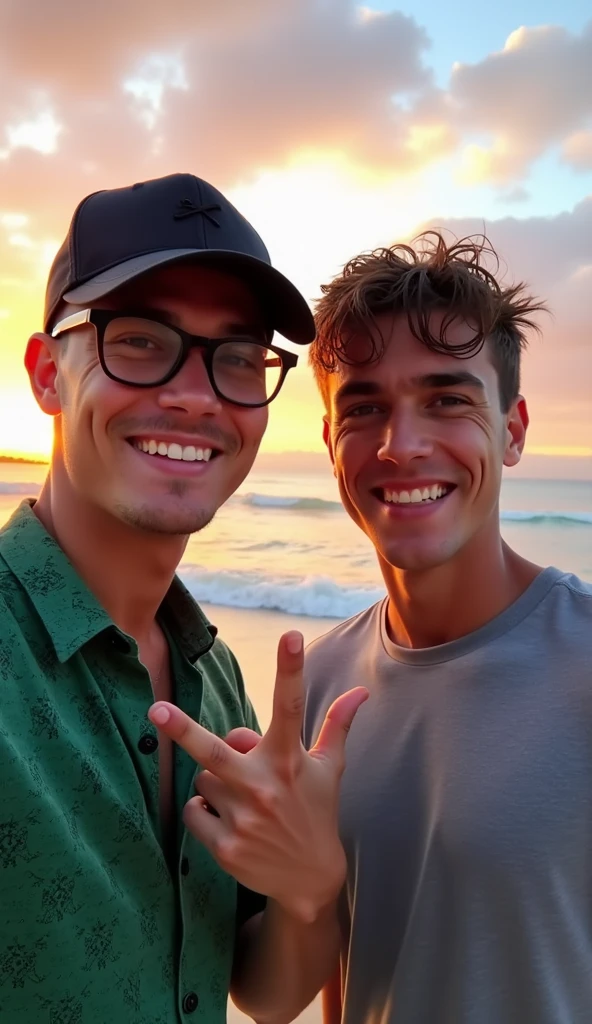 Homme mince souriant avec des lunettes et une chemise blanche assis sur la plage, Slight cheesy smile, holding it out to the camera, Sidelit, Looking happy, , Cute smile slightly cheesy, highly realistic photo