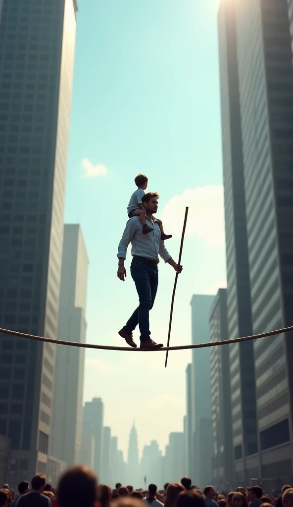 "Create a scene of a man walking across a tightrope suspended between two tall skyscrapers. He is holding a long balancing stick and appears calm and focused. On his shoulders sits a boy, also calm and composed. The background shows a bright, clear sky with a slight city skyline below. A crowd of people can be seen gathered far below, looking up in awe."