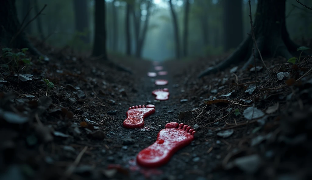 A Cinderella glass slipper tangled with thorns and blood in the middle of a dark and gloomy forest and a girl running in the distance
