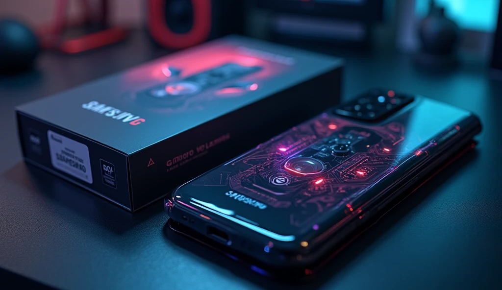 Portrait of a Samsung gaming smartphone . Its position is on its stomach and next to it is the box.