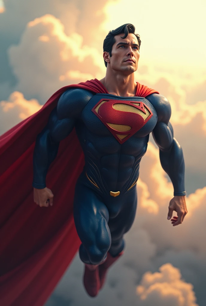 a muscular superhero in red and blue costume, flying in the sky, cape billowing, heroic pose, detailed facial features, chiseled jawline, piercing eyes, highly detailed, photorealistic, 8k, dramatic lighting, cinematic, comic book style, vibrant colors