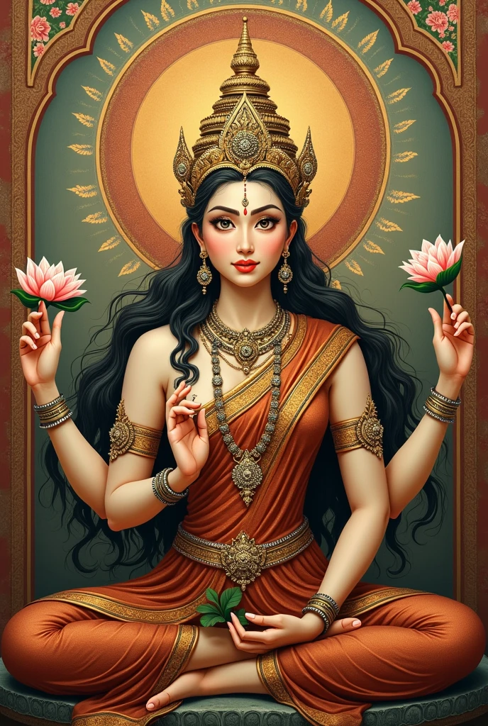 Goddess Lakshmi, Top Quality, Masterpiece, Ultra High Resolution, flat colour, posterize oil painting
