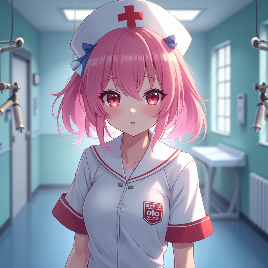 masterpiece, best quality, 1girl, solo, (beautiful eyes),    zzNurseMarnieCitron, pink eyes, hair ribbon, medium hair, pink hair, asymmetrical bangs, ribbon, nurse, neon pink and teal uniform with black and electric blue accents, futuristic nurse cap glowing with holographic lights, standing in a high-tech clinic surrounded by floating medical drones and neon holographic screens, cityscape of towering skyscrapers and glowing billboards visible through a rain-soaked window, holding a futuristic syringe glowing with electric blue energy, determined expression, dramatic cyberpunk atmosphere with a glowing pink and teal aura surrounding her     <lora:NurseMarnieIXL:1.0>,   <lora:HaradaTakehitoIXL_v3:1.3>,  dynamic pose,