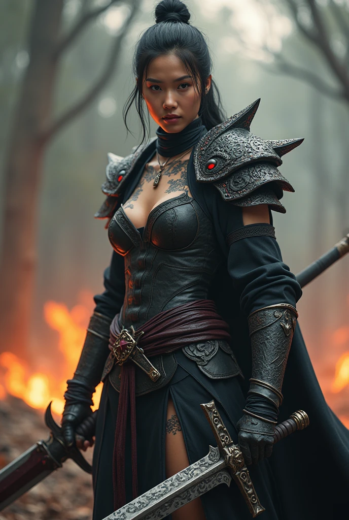 Elden ring, dark fantasy, asian warrior, single katana, armor, woman, black hair, serpent theme outfit, blasphemy, cursed face, dark red colors outfit