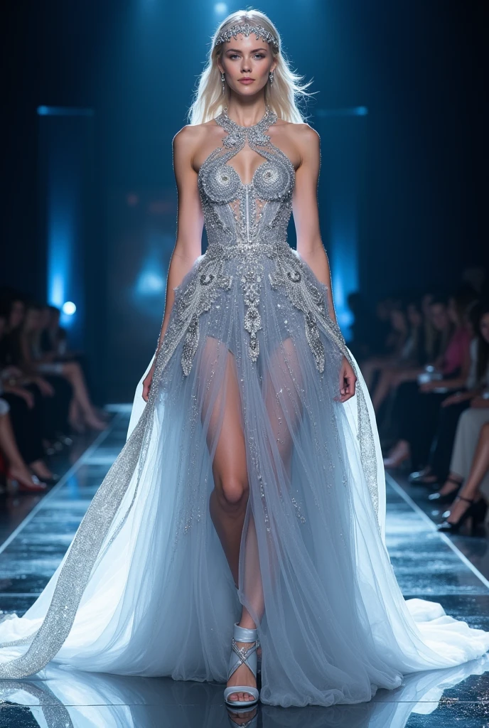 Miss universe, silver long kebaya brookat dress, at stage, wear fancy crown, elegant, beautiful, slim, don't smile.