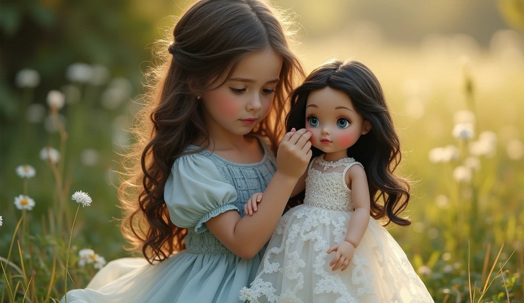 Photo of two identical little girls, gemelas, Babies, morenas, (Solo:1.3), raw, Adorable faces, (Detailed facial features:1.2), innocent expressions, (Curly dark hair:1.3), shiny black curls, wrapped in matching white outfits, (Warm, cozy environment), Indoor setting, playing with toys, (Soft, pastel colors), Reflector, (Perfectly proportional bodies:1.1), (Detailed skin texture:1.15), (Realistic, Super realistic:1.3), (Masterpiece: 1.5), (Best Quality:1.2), (High resolution:1.