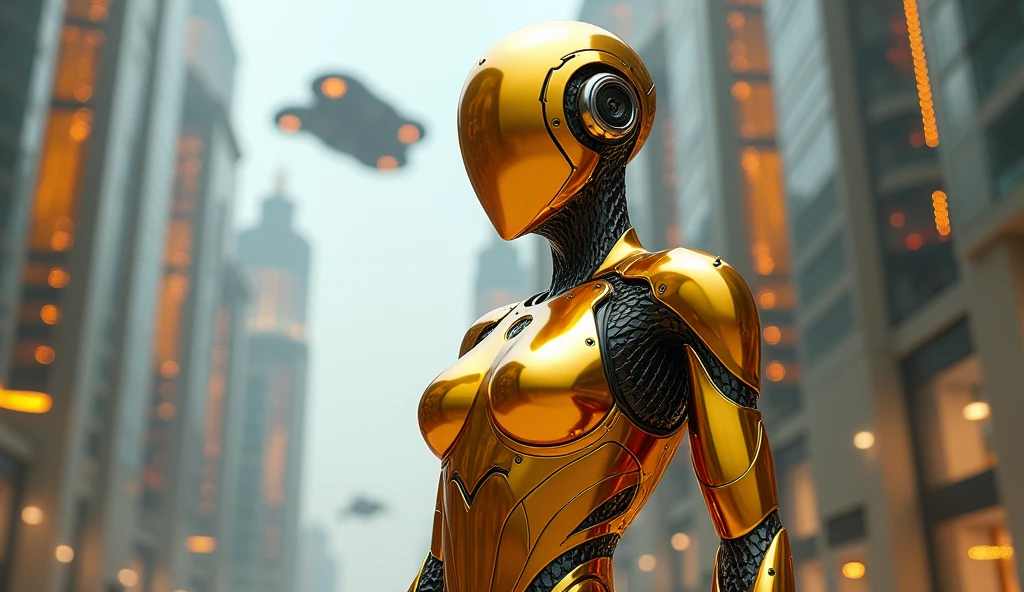 Retrofuturistic classy android humanoid ultra detailed with black, chrome and gold surface details inner lights glowing bright eyes crisp surfaces render elegant shapes soft contrast 8K cinematic compose. character design