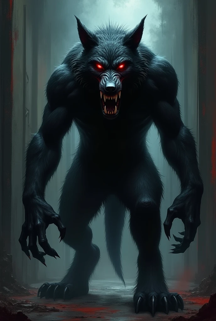 Night photo of a creature with human face mexican male, black dog body,human hands and feet,sharp fangs covered by blood,red glowing eyes