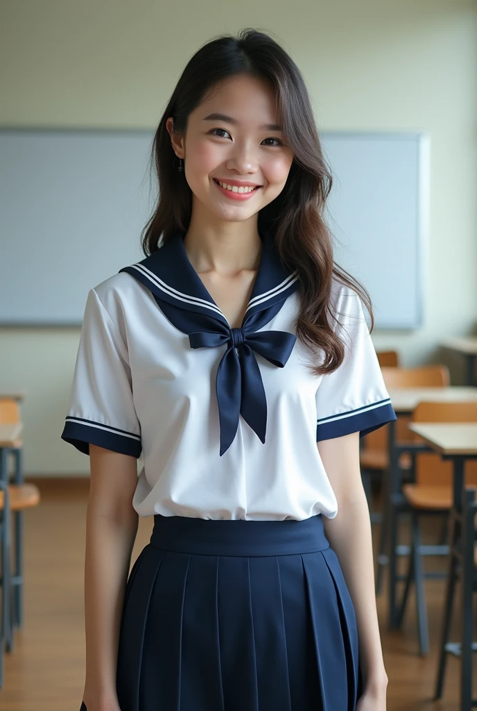 neat college girl, (school uniform, sailor uniform, ribbon tied at chest, summer uniform, upper body white, skirt is navy blue), outside the athletic field, (slim), photorealistic, detail, skin texture, ultra detail, delicate and sexy collarbone, smile, super detailed face, detailed lips, detailed eyes, double eyelids, small breasts, small breasts, small, flat breasts, breast emphasis