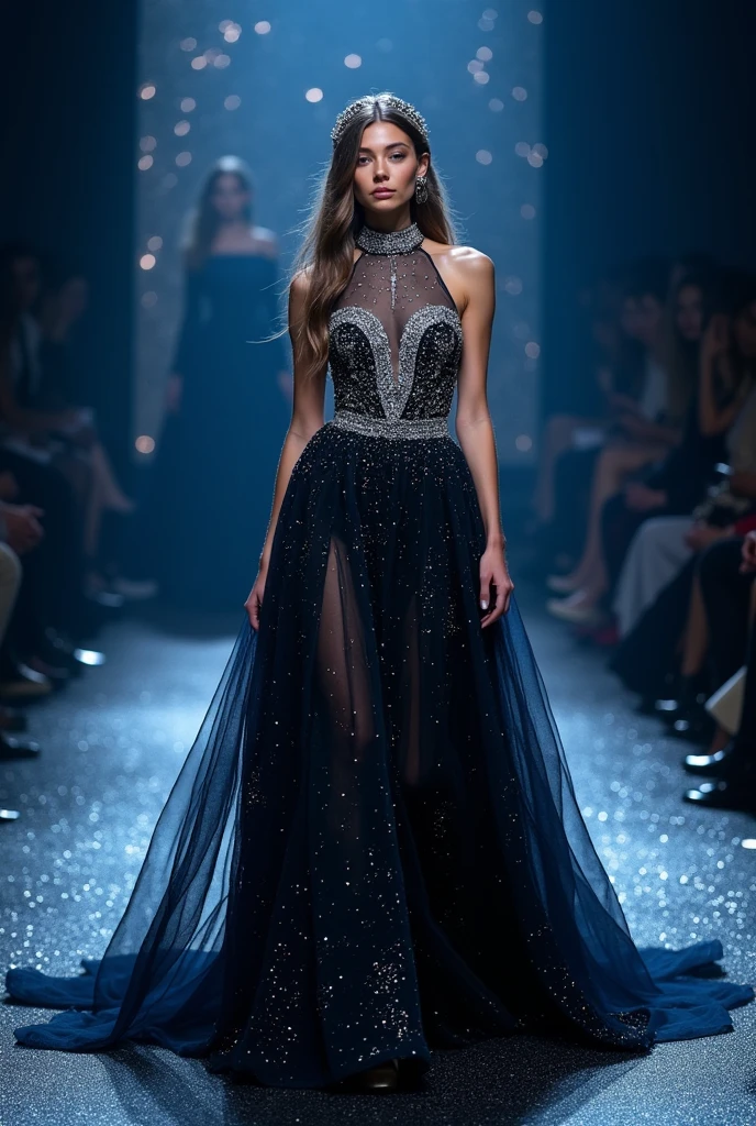 a glamour picture shot, of an elite model covered in stars, walking on a (dark catwalk: 1.2), an extraordinary glamourous elite female model, ((full body: 1.5)),  ((anatomically correct: 1.5), (ultra detailed face: 1.2), best detailed face, yrllow hair, long hair, lush hair, glam hair cut, blue eyes, delicate face, light make up, wearing intricate detailed dress, glamour dress, haute couture dress, elite fashion dress, black as night dress, decorated with bright stars, starlight,  small cleavage, wearing high heels, elegant high heels, she wears diamond necklace, she is glows in a soft starry light, she walks on (asteroid catwalk: 1.2), elite fashion show background, vibrant, Hyperrealism style, vibrant, Ultra-high resolution, High Contrast, (masterpiece:1.5), highest quality, Best aesthetics), best details, best quality, highres, ultra wide angle, 16k, [ultra detailed], masterpiece, best quality, (extremely detailed) RAW, chumbasket art style, hud_s1n, short black dress, long sleeves, veil, thighhighs, star, Haute_Couture