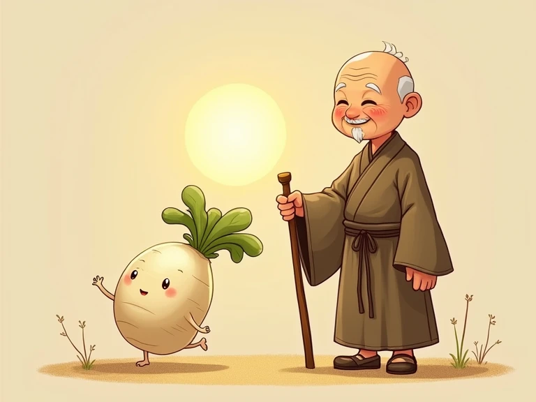 masterpiece, cute characters ,One cute old man 、 monk clothes based on beige , standing peacefully with a long cane , very soft expression ,one Japanese whiteradish character, next to grandpa , darish is very energetic and jumping up and down , amenouzu is looking at grandpa and daikon with a smile with the sun in the background top quality,  High Details,  high definition model ,  textured skin,  overall warm and happy atmosphere , glitter effect, abstract, Expression of light