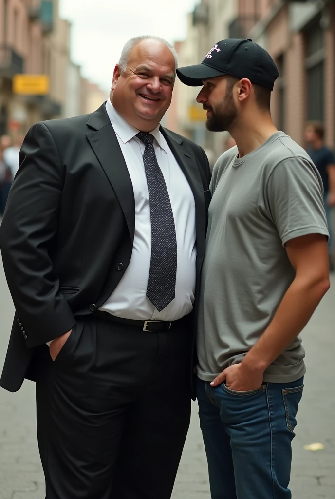 2 men, one old with a gray beard in a suit looking down, the other man is hairy and naked and erect penis, in public street surrounded by old men