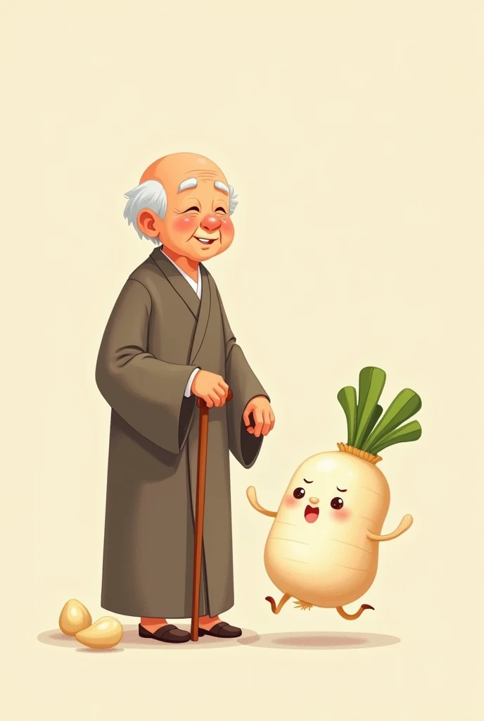 masterpiece, cute characters ,One cute old man 、 monk clothes based on beige , standing peacefully with a long cane , very soft expression ,one Japanese whiteradish character, next to grandpa , darish is very energetic and jumping up and down , amenouzu is looking at grandpa and daikon with a smile with the sun in the background top quality,  High Details,  high definition model ,  textured skin,  overall warm and happy atmosphere , glitter effect, abstract, Expression of light