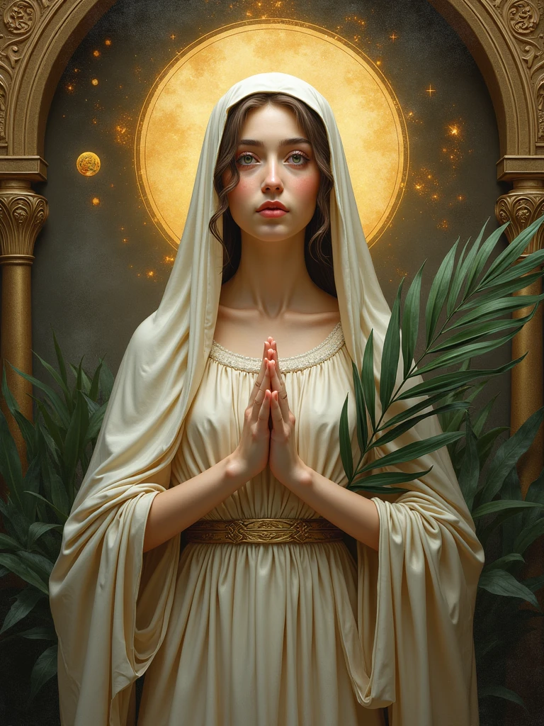 Virgin Mary and the Sun God、Highly detailed portrait of a circle of light, Money, Unreal Engine, art:Mark Ryden, Lost Fish, Earl Gnome, Global Illumination, God's Rays, Detailed and complex environment, Elden Ring Style