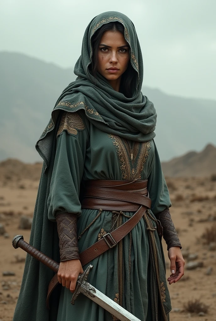 Here is a prompt:
"Imagine a strong and courageous beautiful Muslim fighter girl, wearing a hijab and holding a sword, standing confidently in a majestic desert landscape, ready to face any challenge that comes her way, with a fierce determination in her eyes and a sense of justice in her heart."