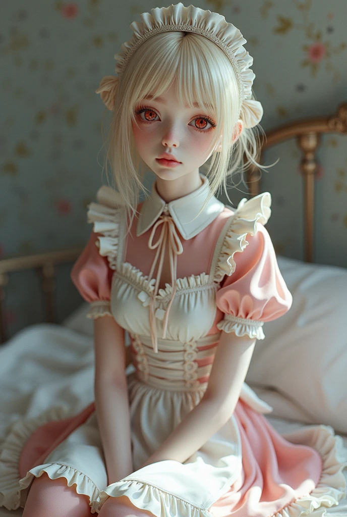 boneca de porcelana, olhos brilhantes, cabelo loiro, height of a 6--old stido rosa e com fundo em branco, corpo todo