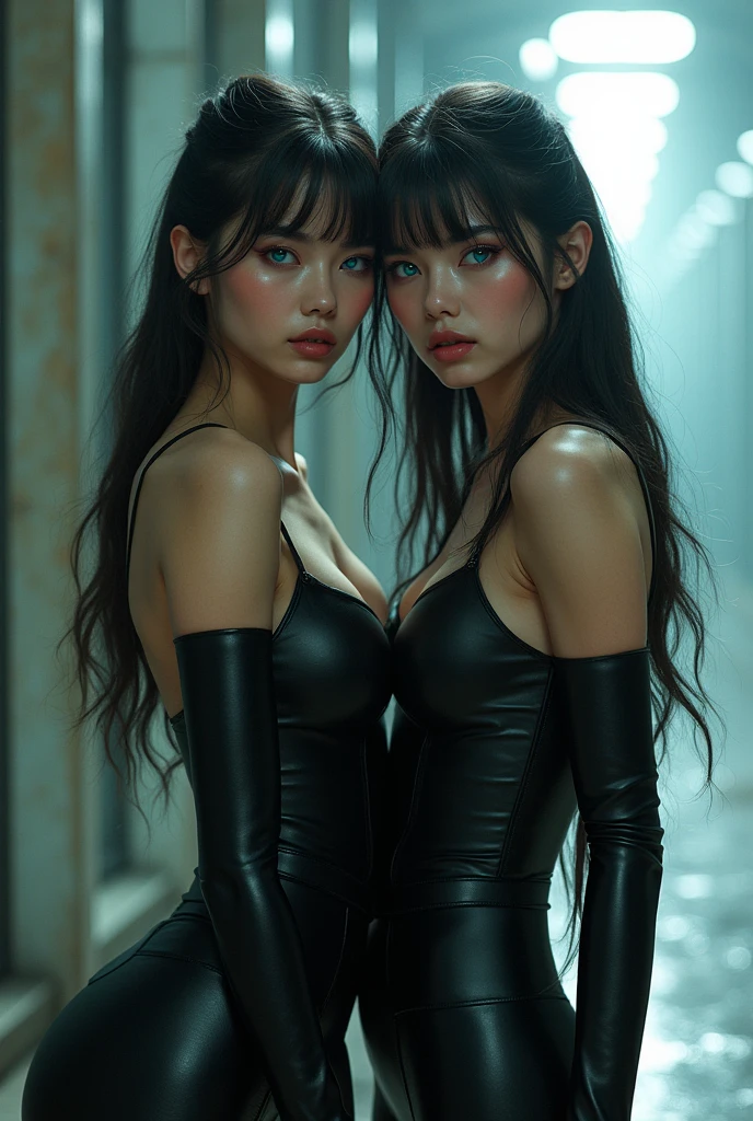 blue eyes, stunning proportions, 2 girls, smile, portrait, photorealistic, intricate details, a beauty girl, ((in black tight bodysuit)), ((in black color tight bodysuit)), ((blacked tight bodysuit))