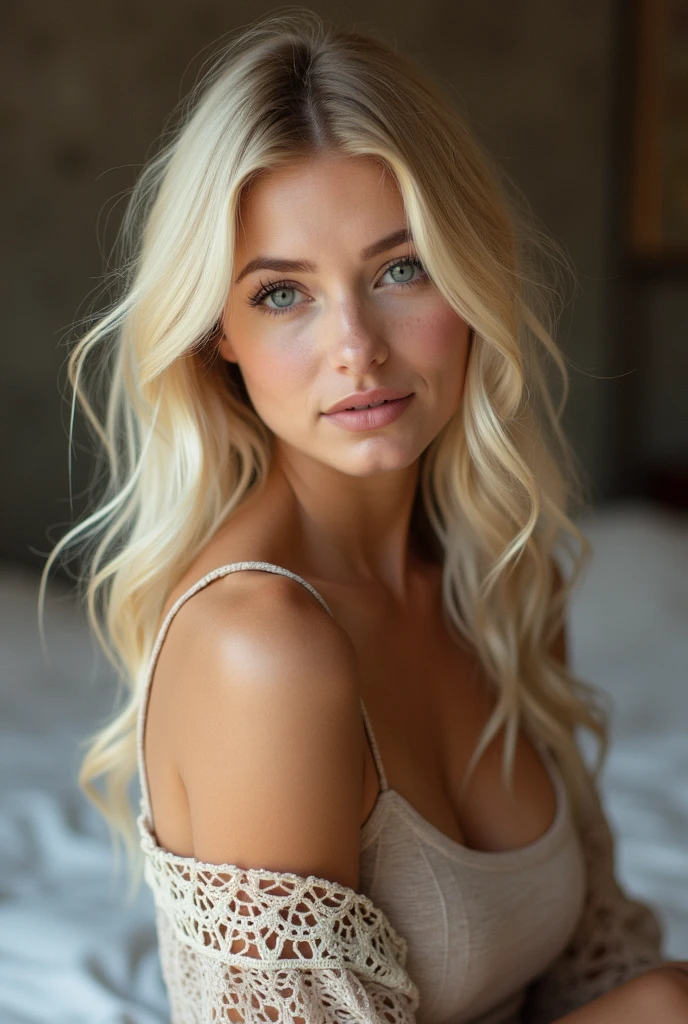 ((best quality)), ((masterpiece)), (detailed), perfect face, Create an image of a beautiful girl with medium, wavy platinum blonde hair that cascades gracefully onto her shoulders. Her expressive green eyes gaze directly into the camera, exuding confidence. The girl is gently leaning against wooden chair, strong makeup, red lipstick, and her skin radiates with health charm of this young woman, sexy, medium boobs, white lace dress
