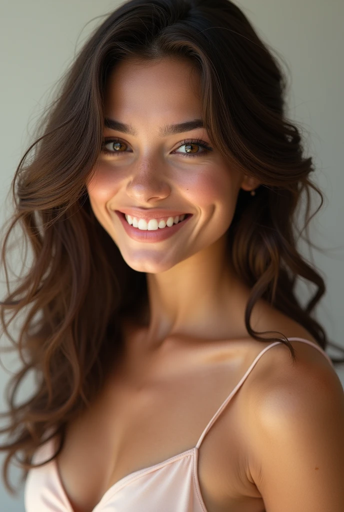 A portrait of a young woman with curly hair, captured with a Canon EOS R5 camera and a 50mm f/1.2 lens. The image is highly detailed, with natural lighting from a large window on the left side. The focus is sharp on her eyes, and the depth of field is shallow, creating a smooth bokeh in the background. Skin texture is visible and realistic.