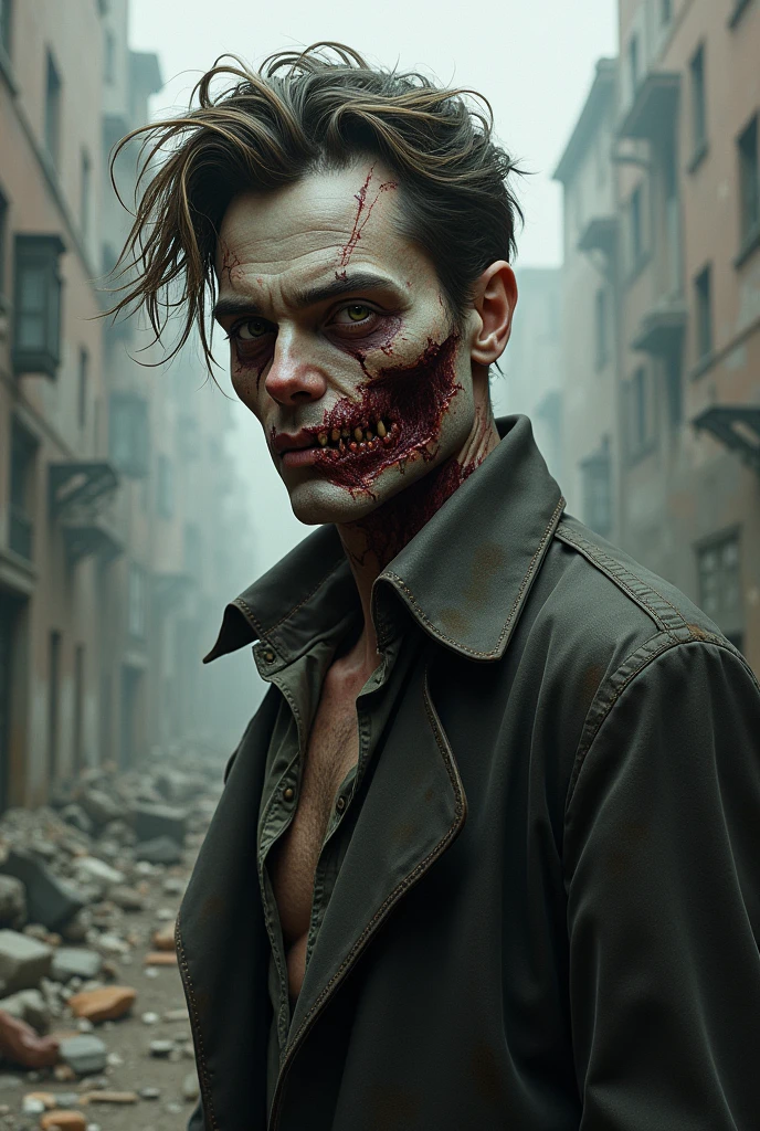 (8k wallpaper with extremely detailed CG unit, masterpiece, best quality, ultra-detailed), (best lighting, best shadow), (a perfect and symmetrical  (((a zombie man, decaying skin))), with eyes that reflect the beauty of the world), attractive, floating, high resolution, dynamic angle, dynamic pose, graveyard background, eerie and creepy night.