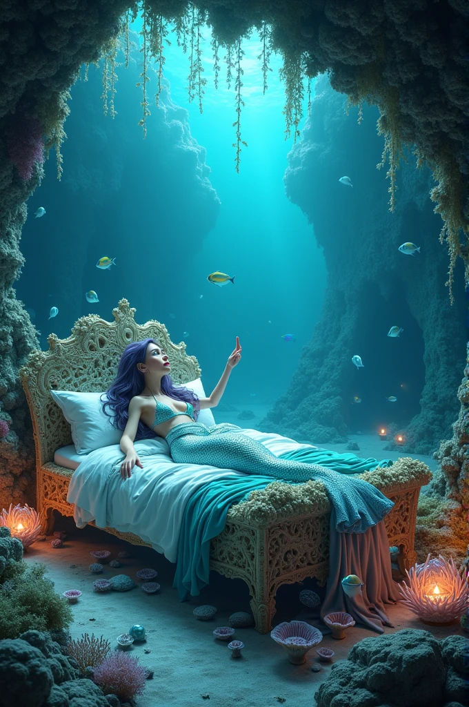 (sleeping mermaid in a submerged bedroom with lots of lush) (abandoned bedroom) (glowing jellyfish) (mysterious and gloomy) (lots of moss) (make the mermaid tail pretty and shiny but still colorless) (add more plants) (add fishes) (vintage animation)