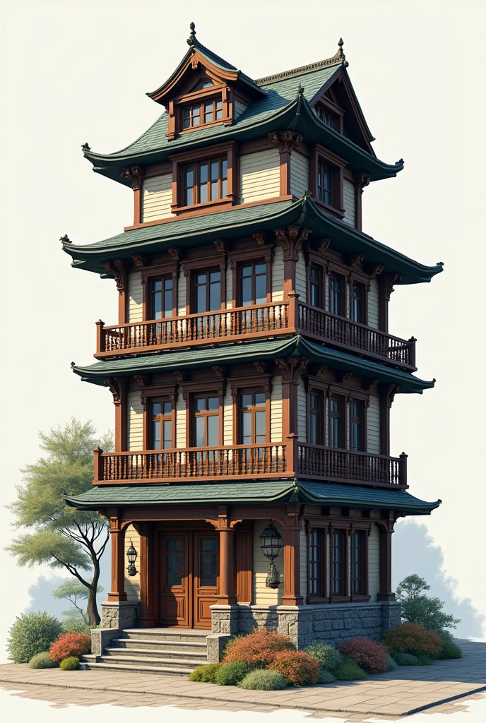 Build me a new building with traditional or old style, rectangular in shape, with three floors, raised above the ground, with a mixed system in its structure involving wood and metal structure 