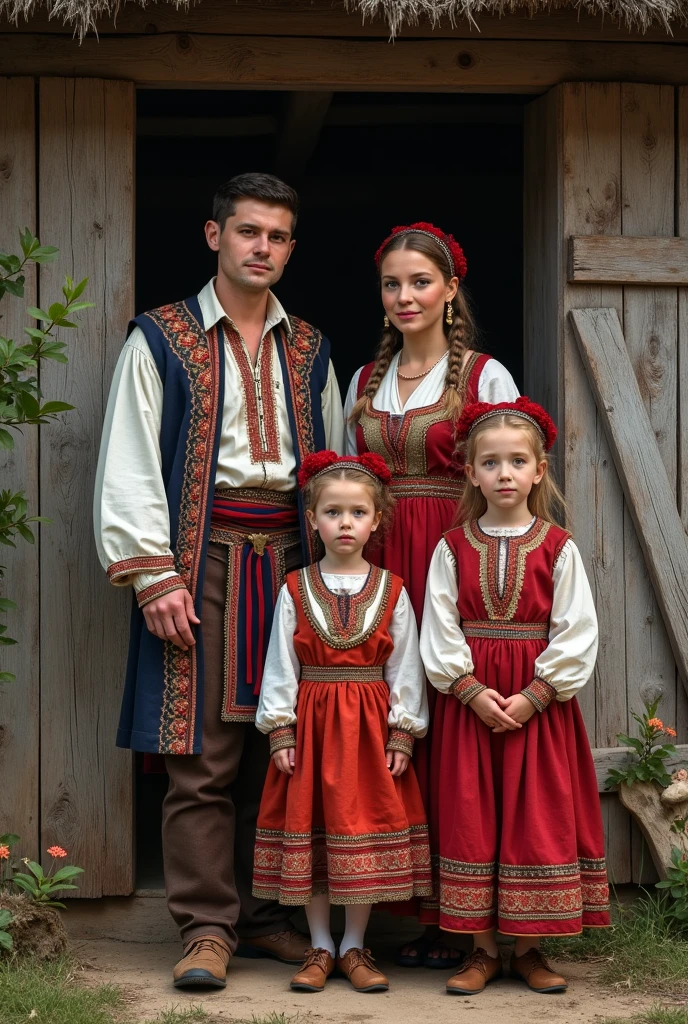front view, stand on field, ((girl and her ren with stand on ground :1.3)) ,1945 years June, Europeans War is end ,(1 boy and 1 girl is existence), (1 man is 3 yeae is his baby, Russian children matraditional Russian costumes from the 1930s, smile ), (1 woman Russian traditional costumes from 1930s, boots), Russian girl is 25 years-old), (blond hair ,middle hair, Gray eyes, beautiful lip, smile ), (big breasts, sle wide hip) ,(wearing traditional ethnic clothing, including a white and red Sarafan and kokoshnik), sunrise., textured skin ,( (HI detailed skin, (foreshortening, Canon, 8K, anatomically correct, super detail, high details, highness))
