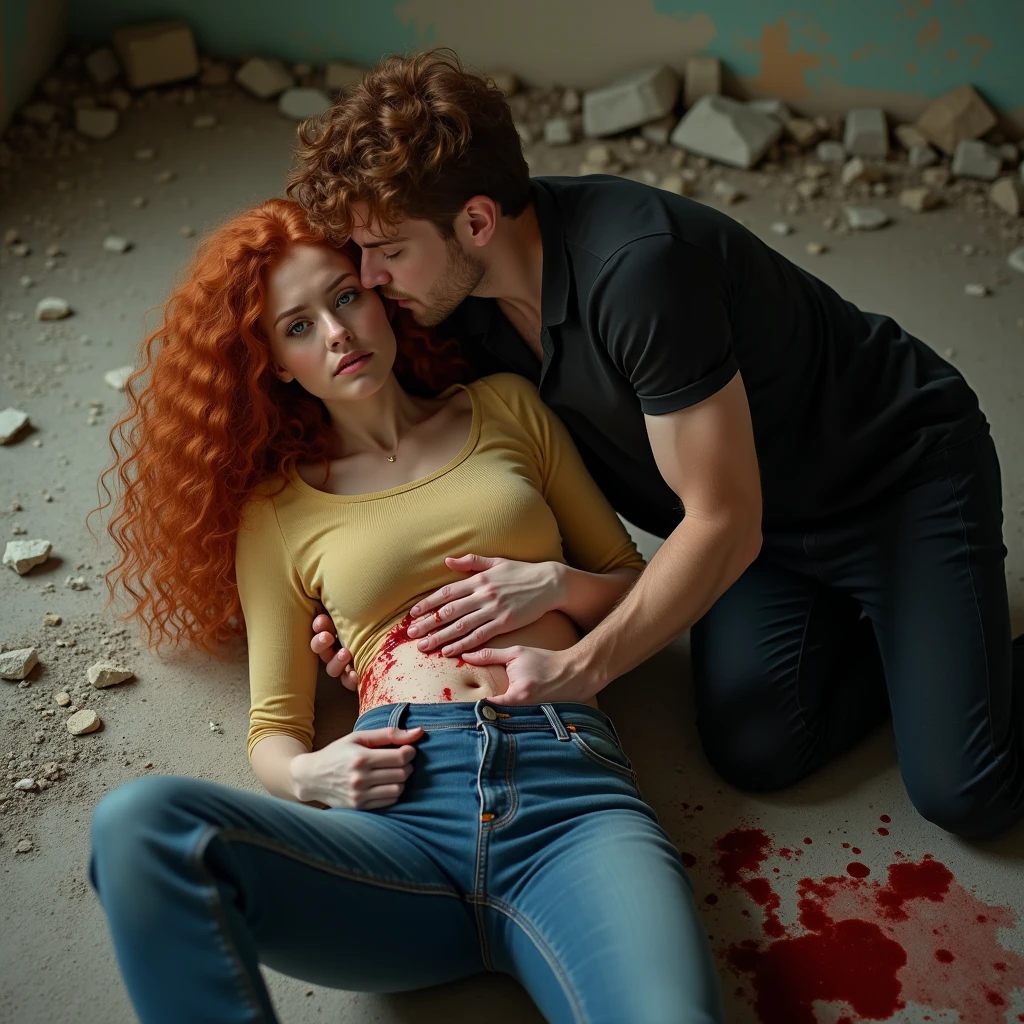 Cadre : un cachot sombre avec des barreaux a une fenetre.
Fille: Elle a les cheveux long rouges et ondulés elle est assise sur un matelas au sol effrayé avec une chaine qui est autour de sa cheville pour pas qu'elle ne s enfuie.
Homme : il a les cheveux noir et long il caresse les cheveux de la jeune femme avec un air rassurant mais ferme il avait du desir pour elle il est Italien