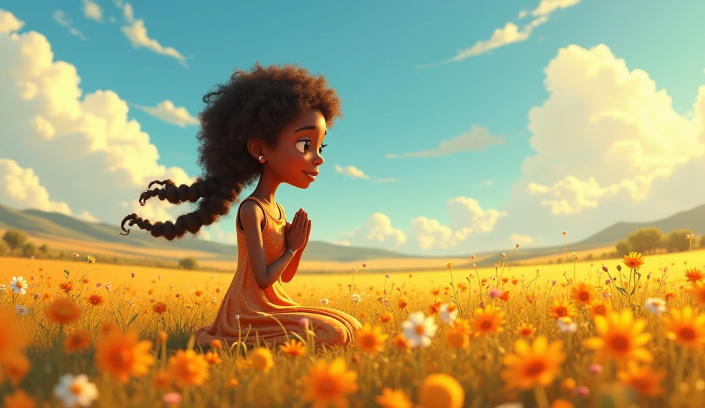3D chibi a happy cartoon character praying on his knees in a field, black girl, ((eyes half-closed)), eyes closed, movie art, clean shot, ghailan!, like a pixar character, pretty , afro hair long, (((full length))), grace and blessing, rendered unreal, movie promo image, rendered upscale image - --ar 2:3 --auto --s2