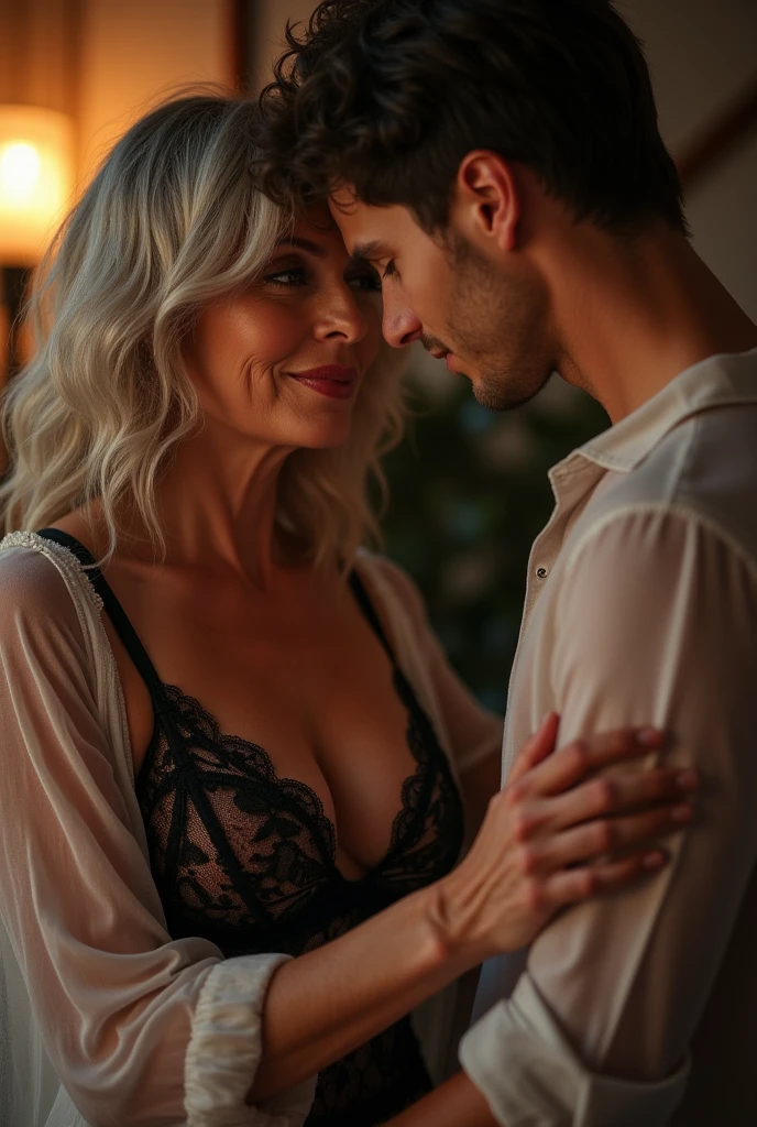 Slutty 65 old woman in bra (( big breast , big butt , curvy body )) kissing handsome naughty man on sofa , erotic , sexual , Full body, wide screen brightness
