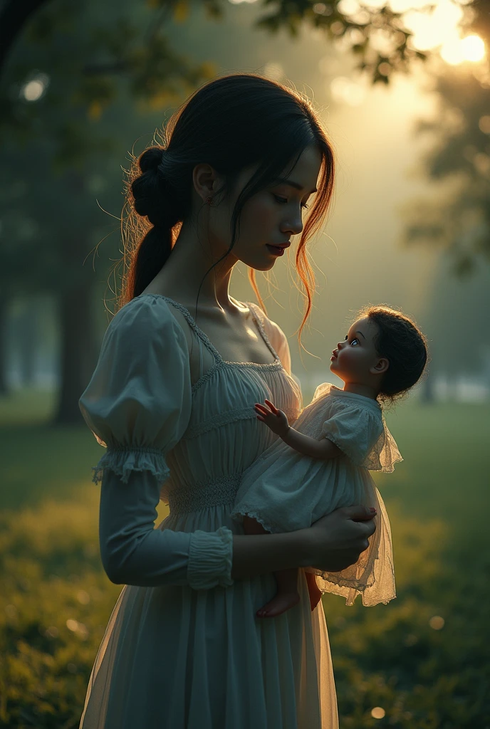 [2images]] 1a full body image of the most attractive and gorgeous female demon her skin has the texture of porcelain, long black hair and eyes, holding a beautiful blonde hair baby boy, both are looking to the sky, sadness in their faces, grey sky. High quality, 8k, ultra high res, High contrast and low saturation, (Anatomy-based character design)