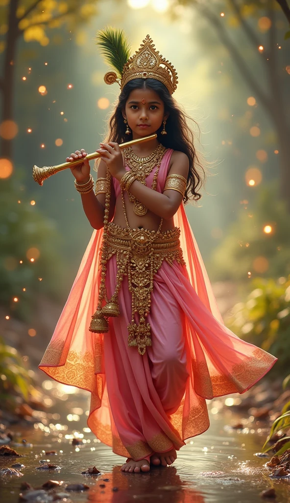 The image appears to be a highly stylized and artistic representation of a divine or mythological figure, possibly inspired by Lord Krishna from Hindu mythology. The character has a youthful and ethereal appearance with a serene expression. They are adorned with intricate gold jewelry, including earrings, bracelets, and a necklace. The figure is holding a golden flute, which is a key attribute of Krishna. They are dressed in flowing, golden-yellow robes that are intricately detailed, with flower petals scattered around them. The background is a blend of celestial and ethereal elements, featuring a radiant halo behind the figure’s head, symbolizing divinity. Golden light particles and leaves float around, adding to the mystical and divine atmosphere. The entire scene is illuminated with a warm, golden glow, enhancing the otherworldly and sacred vibe.