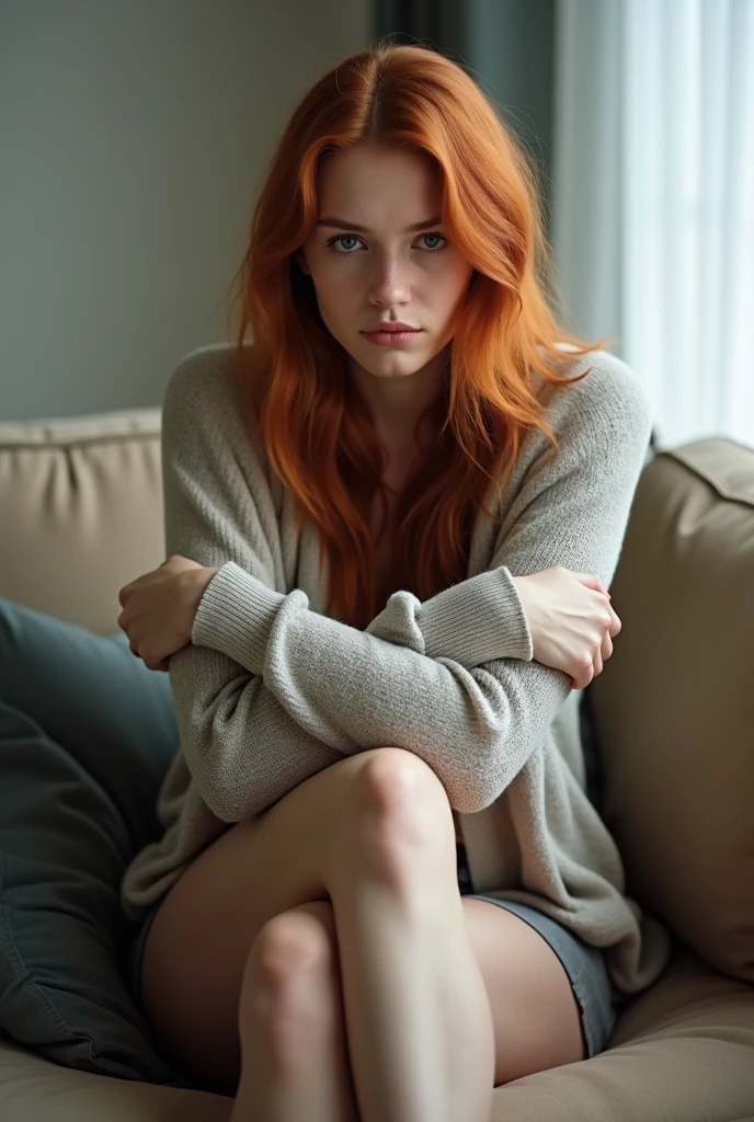 1girl,sitting on a cozy couch,crossing legs,soft light, red hair, green eyes, full body,