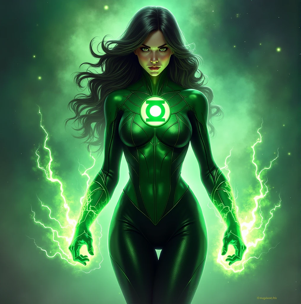 Green Lantern, 1girl, long black hair, mexican american, green tech armor with black accents, green lantern insignia, power ring, black pants, white boots and gloves, aura, light, space, green mark on right eye