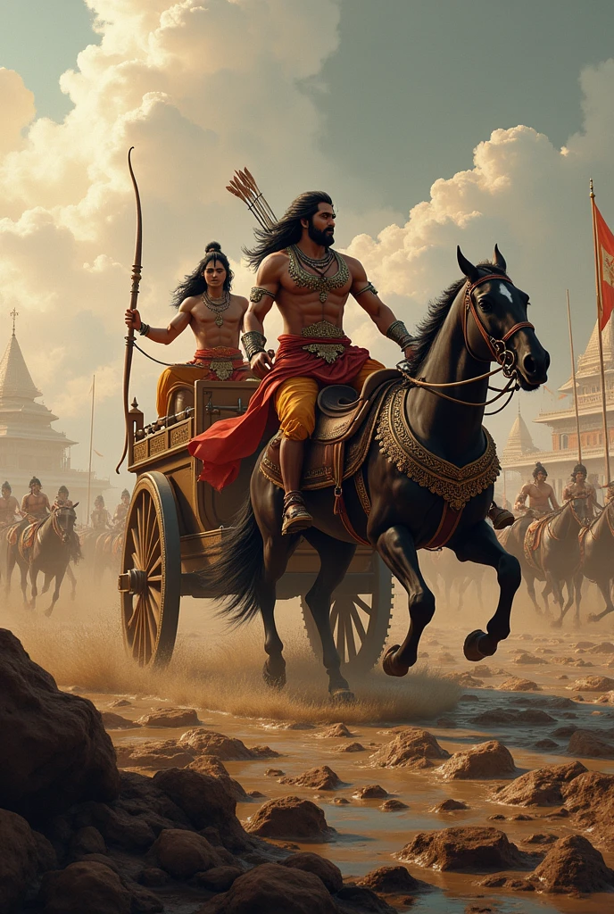 Arjuna in war upon the radham, with krishna as a driver , and Arjuna aiming with bow and arrow
