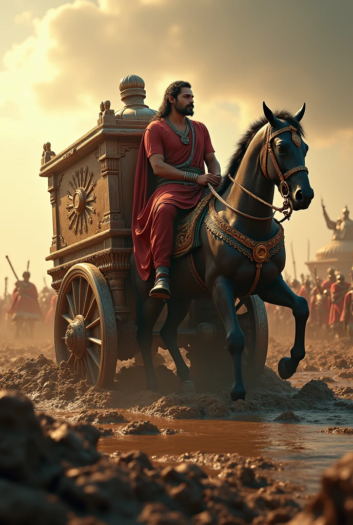 In cenamatic 3d cartoon style A panoramic view of the battlefield of Kurukshetra, with two vast armies positioned on either side and the chariot of Arjuna and Krishna in the center.