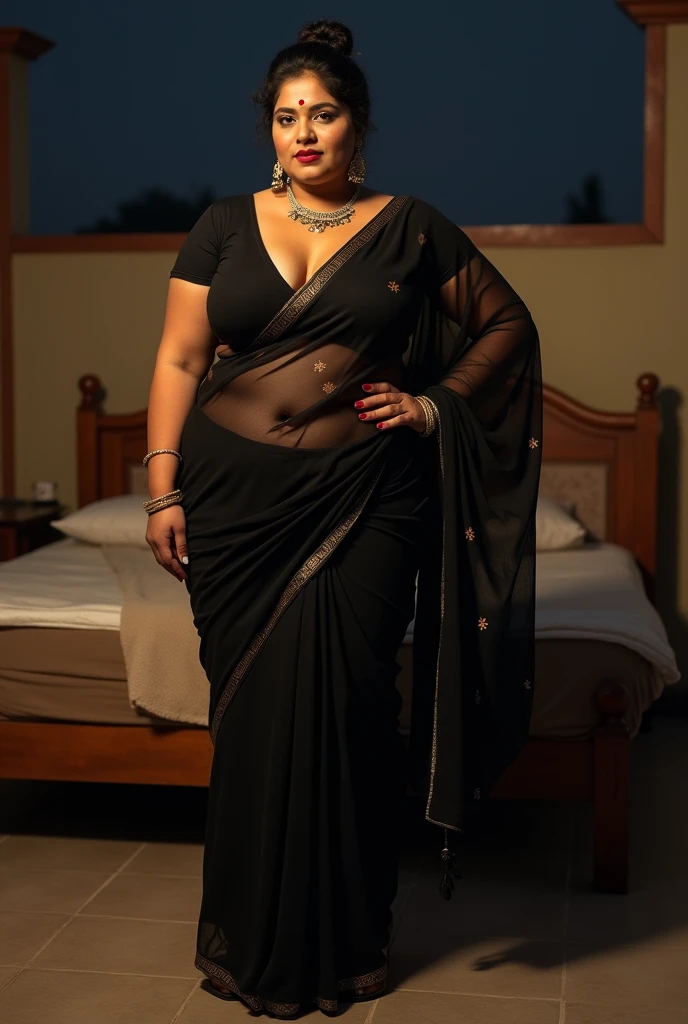 A indian plus size sexy aunty wearing dark grey blouse and dark grey saree , she has big wide belly and fat legs