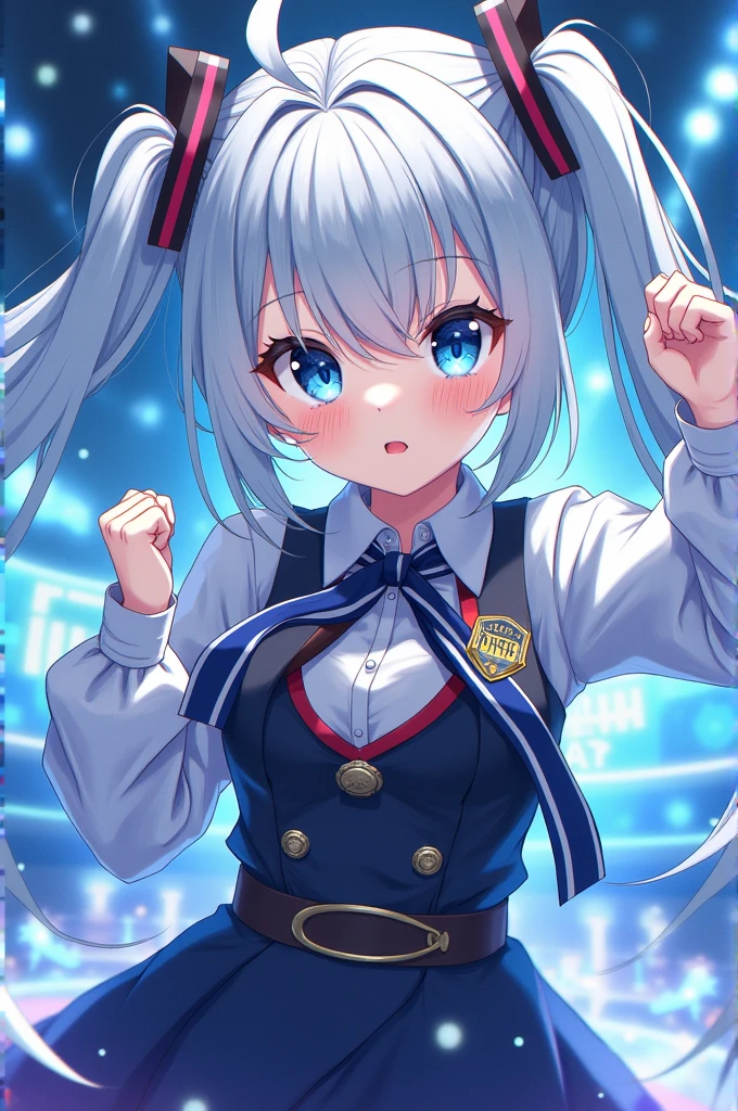 Ala Fed Asian cheerleader posing dynamically with large pom-poms in both hands in stadium、write、a closeup、cosplay foto、Anime Cosplay、tiny chest、Raw photography, top-quality, hight resolution, (masterpiece), (Photorealsitic:1.4), professional photograpy, foco nítido, nffsw, 8K分辨率, intricate detailes, depth of fields, the Extremely Detailed CG Unity 8K Wallpapers, front lit, girl with, beautiful supermodel, A smile、A slender、Mary Rose、Twin tail hair、Dense depiction、a sailor suit