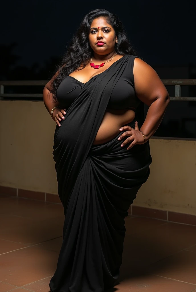 a tall, beautiful Indian actress in black saree carrying an obese man over her head, man is  sitting on her shoulders in home balcony , natural smile, she has strong arms, traditional 