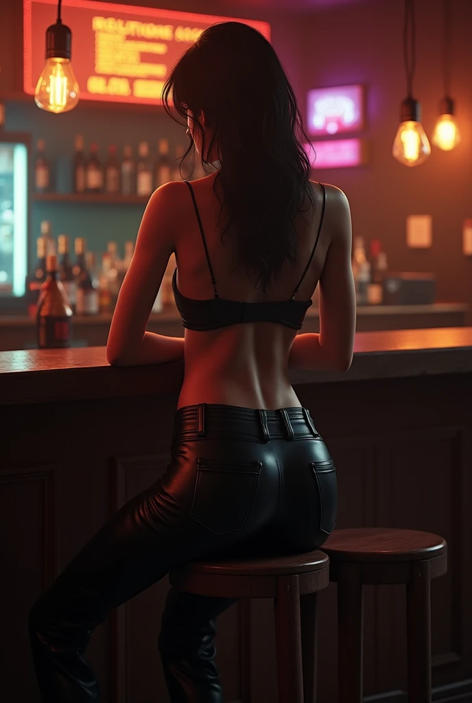 score_9, score_8_up, score_7_up, score_6_up, score_5_up, score_4_up, hyper-detailed, (photorealistic, realistic skin), (Rey Skywalker from Starwars), ((laying on bar), ass on the side)1.3, (black lace stockings), fair skin, night, neon lights, nightclub, crowded, detailed face, (transparent cellophan tight bandeau top)1.3, diamond jewelry, (diamond choker)1.2, (huge natural breasts)1.3, (grabbing her breasts), dark-blonde hair, beautiful eyes, looking at viewer, (highleg thong cameltoe), (black garters black lace stockings)1.3, (high heels stilettos), tight ass, long toned legs, wide hips, (rear view, laying, ass on the side, straight legs together on the side)