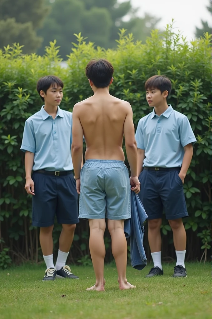 Korean ,boy student, standing turn back to viewer,nude body ,shirtless, naked ass,have a 2 friends holding an arrow and target to him