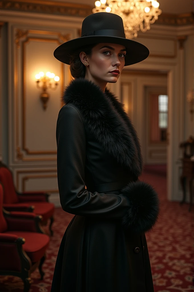 1girl, 1950s, fashion, elegant, flapper dress, faux fur collar, 1950s victory rolls hairstyle, bandana covering mouth, color, bayonet, stage performer, dynamic pose, (best quality,4k,8k,highres,masterpiece:1.2),ultra-detailed,(realistic,photorealistic,photo-realistic:1.37),vibrant colors,dramatic lighting,cinematic composition,cinematic lighting,dramatic pose
