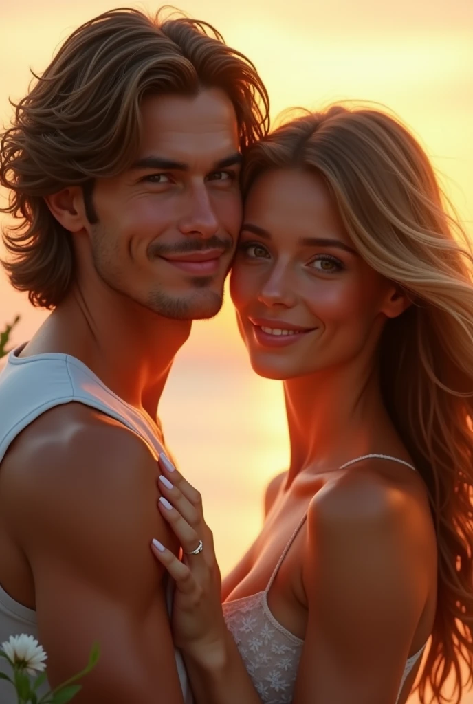 A low angle selfie image of a blonde woman hugs his husband. they wear a nice t-shirt and sundress, and they has a determined expression, looking towards the subject. smiles and laugh each other slightly. The background features a cloudy seashore beach, 8k, ultra realistic, high def, dynamic gesture, cinematic, studio light, enhanced image, detailed features, cinema, indoors, realistic, photorealistic, 4k, high resolution, detailed textures, dramatic lighting, vibrant colors sdxl tubro -ideo x 2 - leo - bing, ultra realistic, high def, cinematic light, amid colorful lights and bokeh effects, photo realistic, cinematic, movie still, summer vibes, captured in the style of Sony Alpha A7 III camera --ar 2:3 --s 500 --v 6.0, perfect finger perfect eye,
