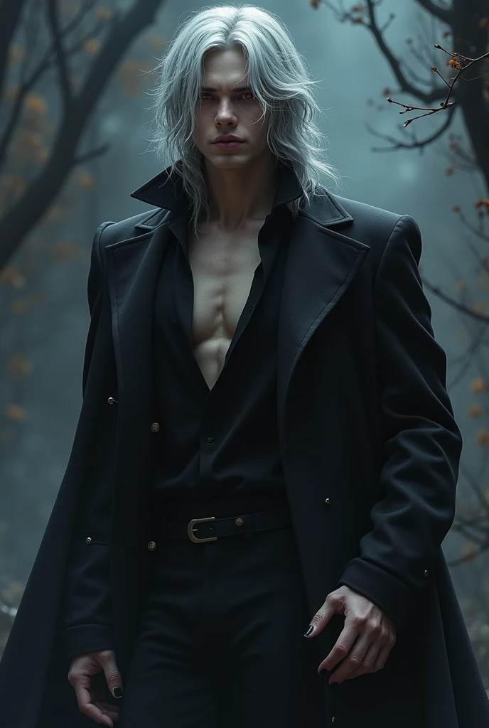 A tall man with white skin, straight blond hair, blue eyes, a sexy, elegant, muscular body, a vampire 