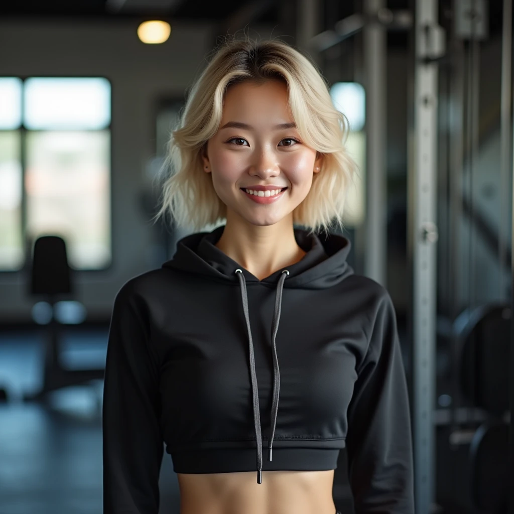 best quality, 8k, very delicate and beautiful, highly detailed face and skin texture, shiny skin, high resolution, beautiful blond short hair tanned skin japanese girl in cropped hoodie and tight short pants smile at gym , sharp focus