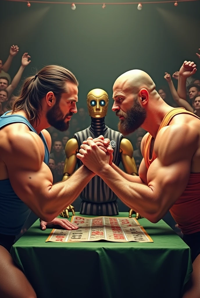 Two muscular guys arm wrestling, one with longer hair kind of a comb over, one bald with a beard, a robot is refereeing, both guys are in a tank top, two different colors, lots of people watching and gambling,