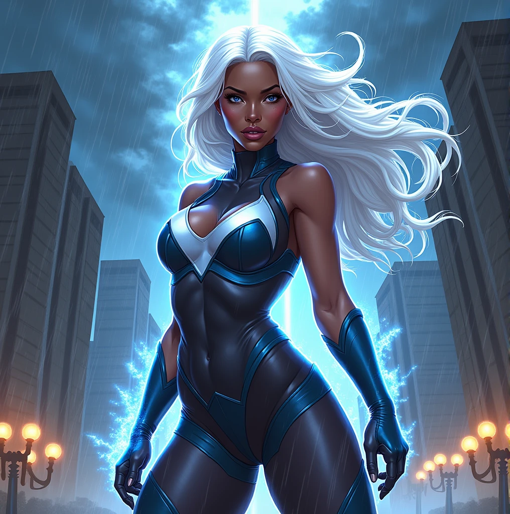 masterpiece, maximum quality, ultra high resolution, 8k, Ororo/Storm (X-Men), full body, very thin, very detailed face, face totally identical to film, detailed eyes, cheerful smile, smooth and soft pellet, wearing a micro uniform