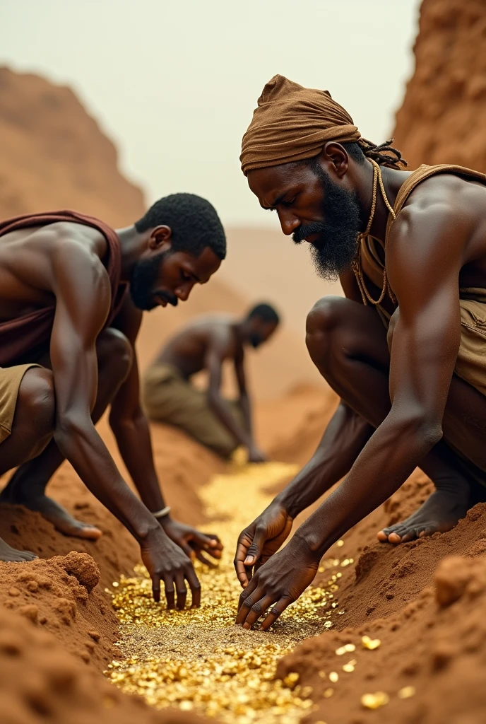 Poachers with ivory accessories are gathered around a pile of elephant ivory in the African savannah 4k realistic